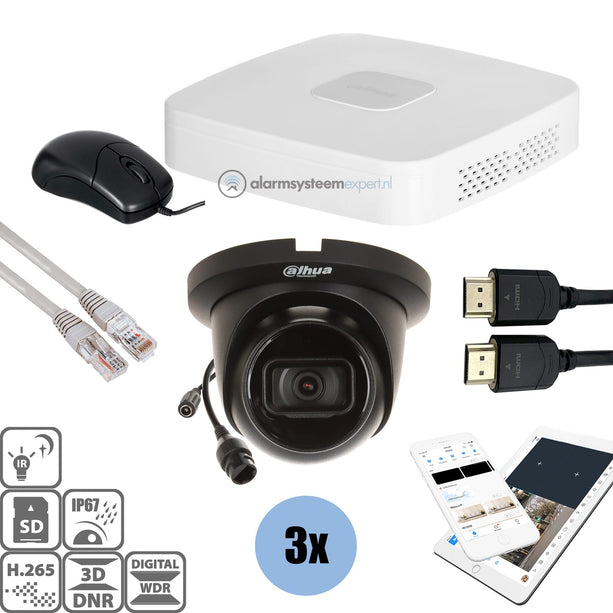 Dahua Black Kit 3x Turret 8 Mp + Rekorder & Verkabelung
