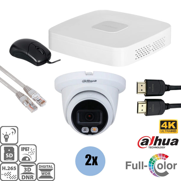 Dahua Dahua Set 2x Turret 8MP 4K Full-Color + Recorder & Cabling
