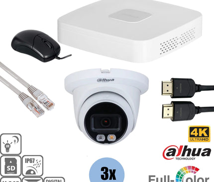 Dahua Dahua Set 3x Turret 8MP 4K Voll-Farbe + Recorder & Verkabelung
