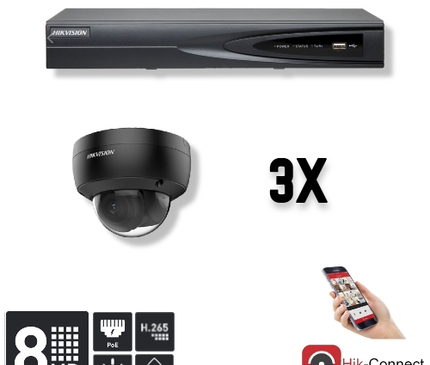Hikvision Hikvision Set 3x Dome 8MP + Recorder & Cabling