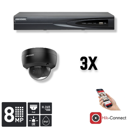 Hikvision Hikvision Set 3x Dome 8MP + Recorder & Cabling