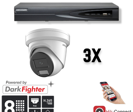 Hikvision Set 3x Turret 8MP + Enregistreur & Câblage