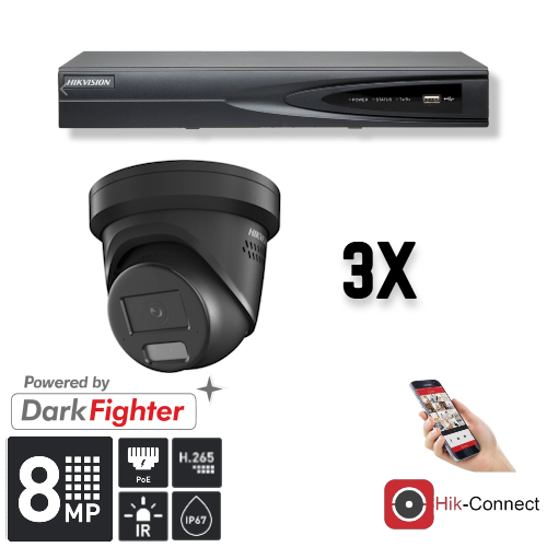 Hikvision Set 3x Turret 8MP + Recorder & Bekabeling