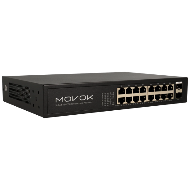 Movok Commutateur PoE Gigabit 18 ports, 16x PoE, 2x Uplink