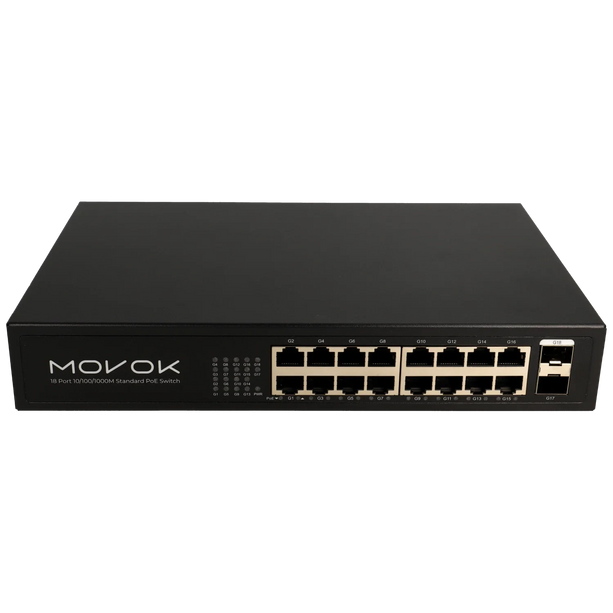 Movok Commutateur PoE Gigabit 18 ports, 16x PoE, 2x Uplink